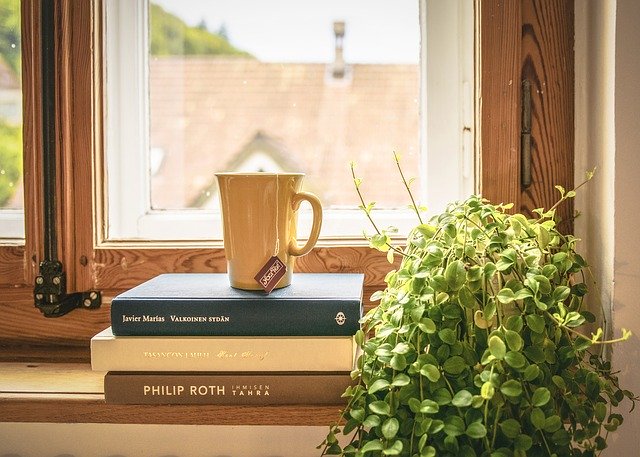 knihy s čajem a rostlinou u okna